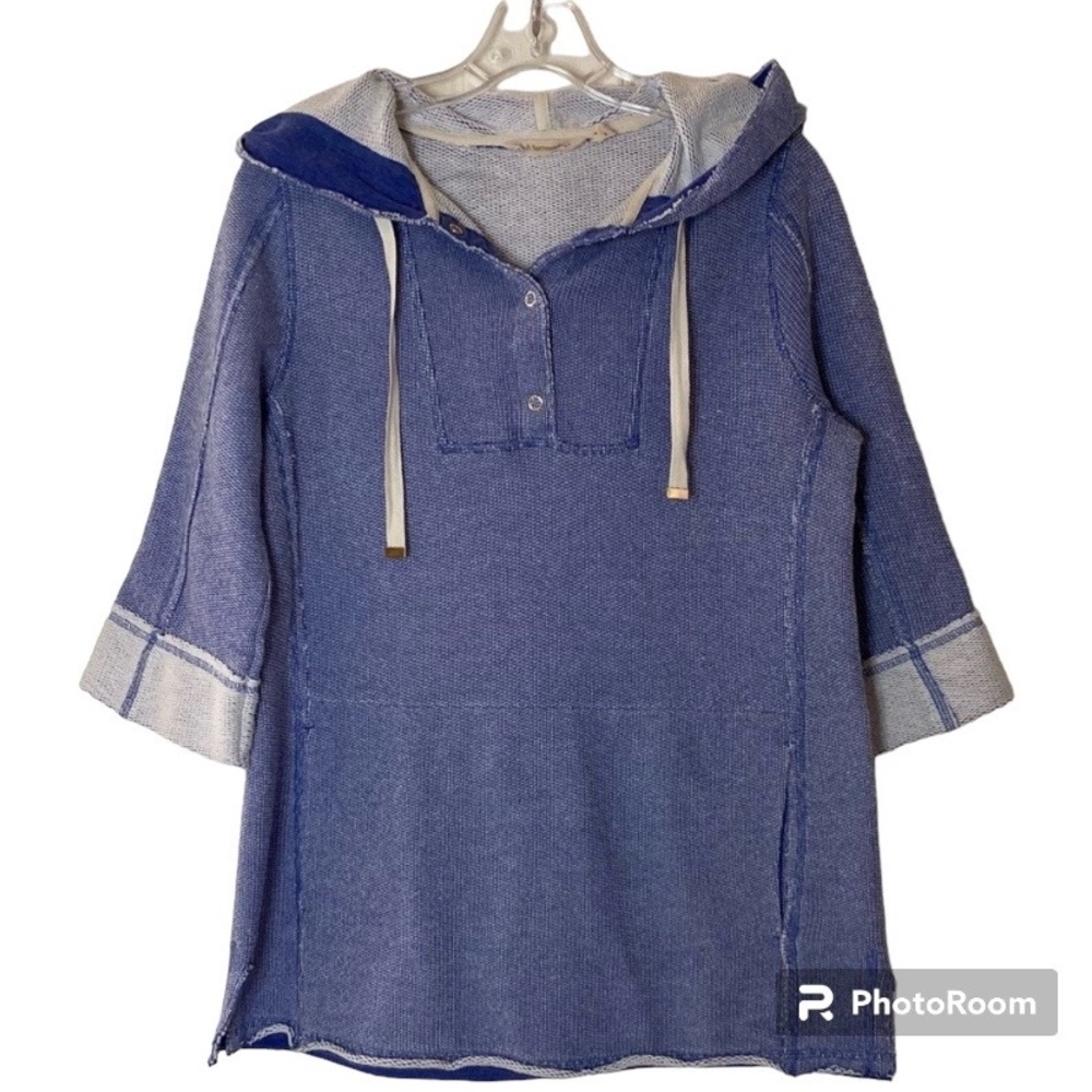 Soft Surroundings 3/4 Sleeve Blue & White Hoodie Partial Snap Front Top Size…